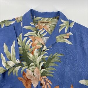 Tommy Bahama Shirt Mens Large Blue Silk Leaf Hawaiian Camp Aloha Tropical Resort